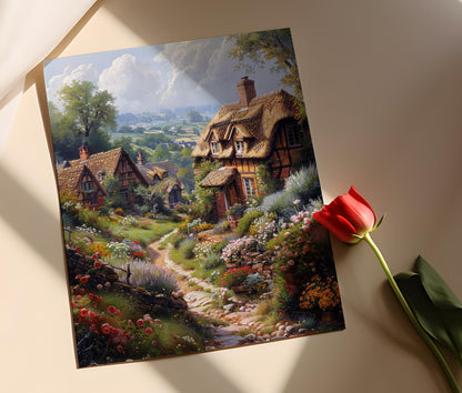 Affiche Cottages au Toit de Chaume – Poster Peinture de Shere, Surrey