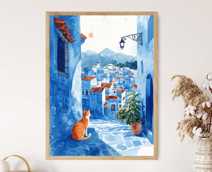 Affiche de Chefchaouen – Illustration de Chat Marocain en Bleu