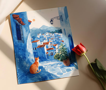 Affiche de Chefchaouen – Illustration de Chat Marocain en Bleu