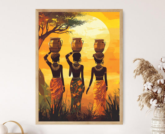 Affiche Femme Soudanaise – Imprimé Silhouette au Crépuscule, Décor Tribal