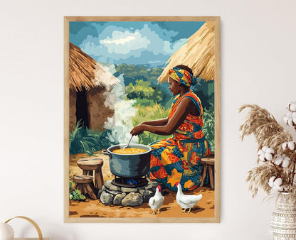 Affiche Femme Zimbabwéenne Cuisinant Sadza – Art de Cuisine Traditionnelle