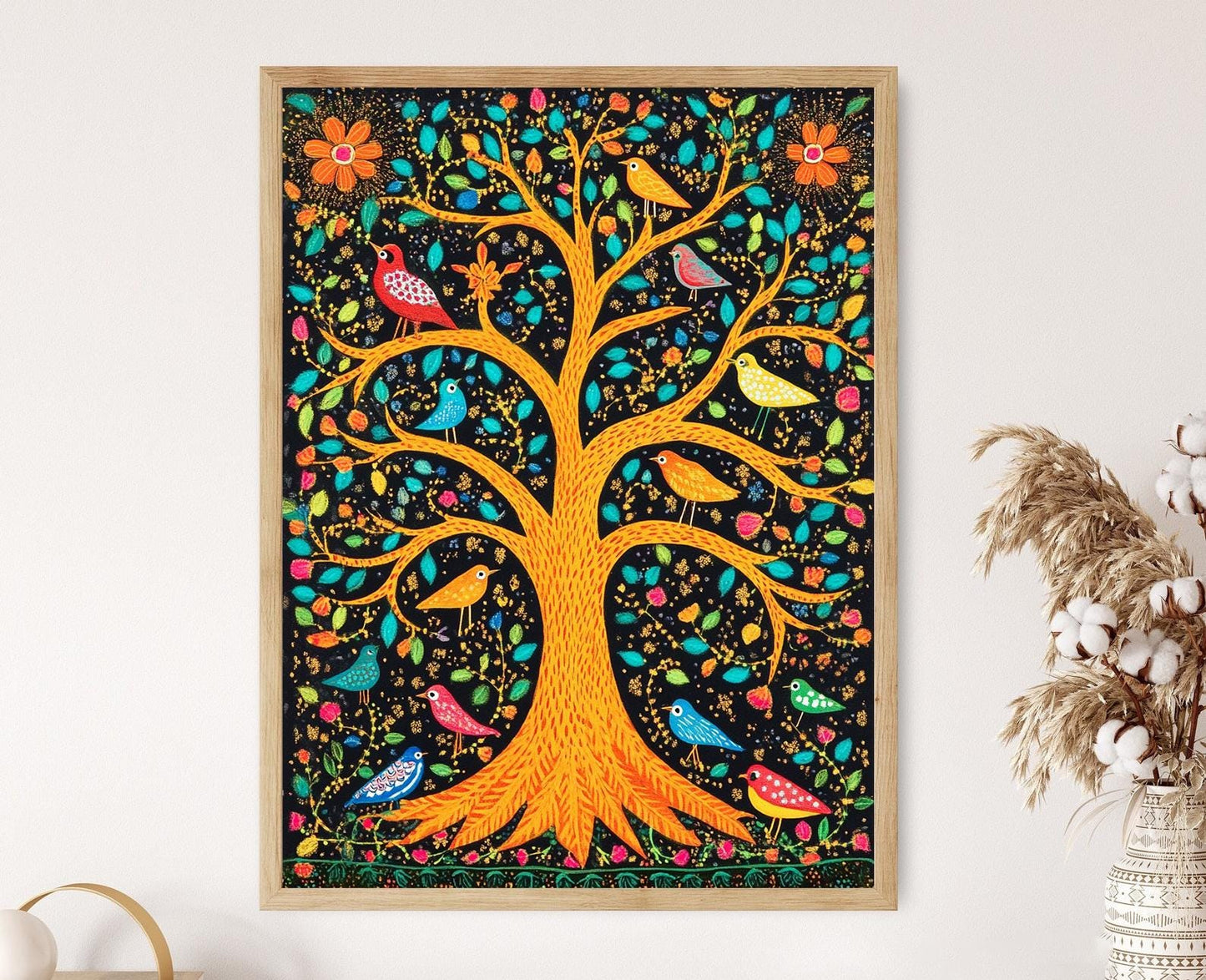 Affiche Arbre de Vie – Poster Art Mithila : Oiseaux et Animaux Indiens