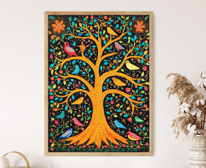 Affiche Arbre de Vie – Poster Art Mithila : Oiseaux et Animaux Indiens