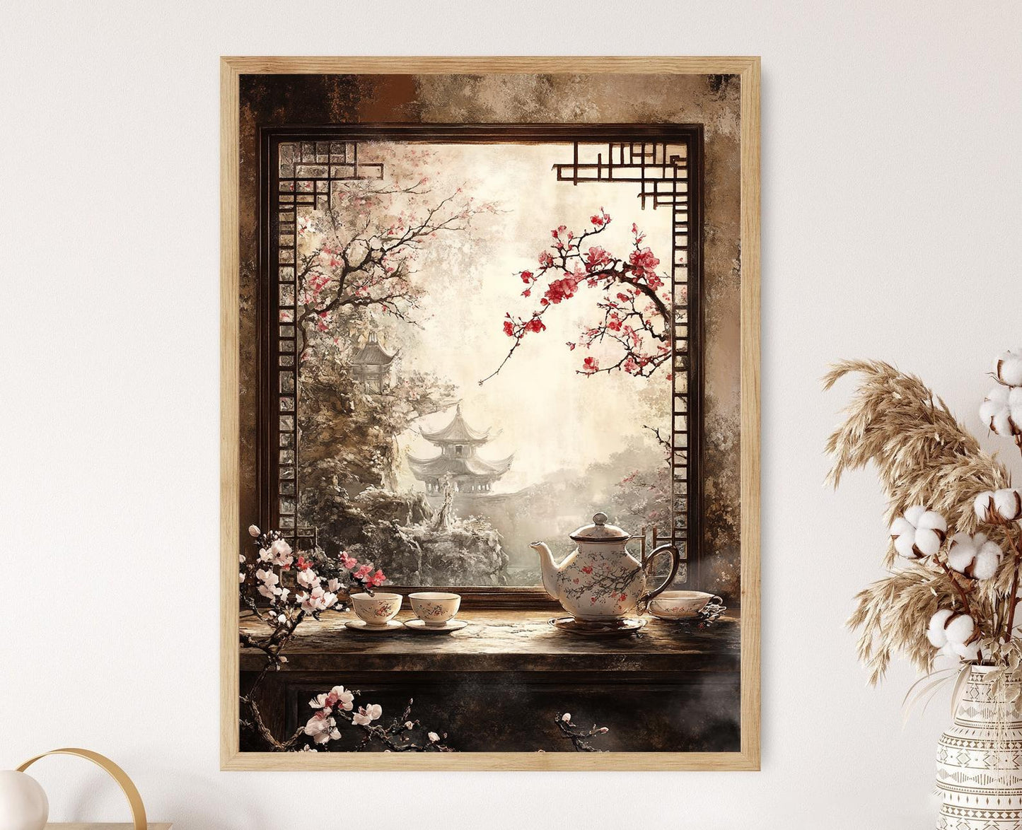 Affiche Cérémonie du Thé – Impression Art, Tasses en Porcelaine, Jardin Paisible