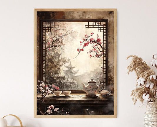 Affiche Cérémonie du Thé – Impression Art, Tasses en Porcelaine, Jardin Paisible