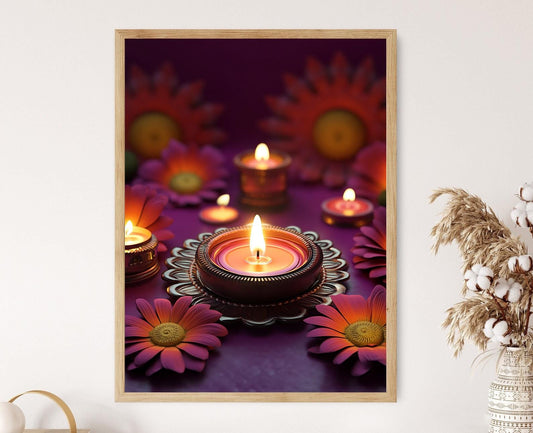Affiche Diwali – Impression colorée de bougie et fleurs pour déco festive