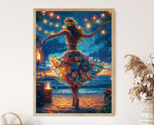 Affiche Danseuse Hula – Impression Art déco vibrante pour plage hawaïenne