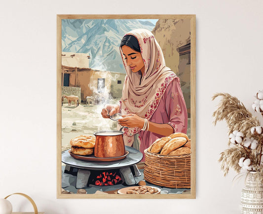 Affiche Femme Afghane – Impression Art de Chai dans une Cuisine Traditionnelle
