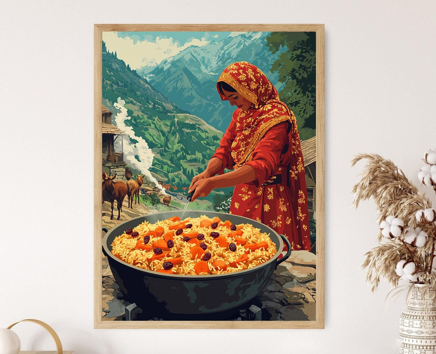 Affiche Femme Afghane Cuisinant le Kabuli Pulao – Art Traditionnel Rurale