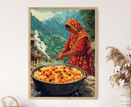 Affiche Femme Afghane Cuisinant le Kabuli Pulao – Art Traditionnel Rurale