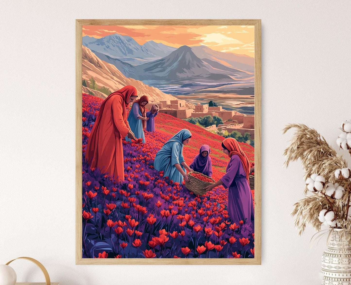 Affiche de la Récolte de Safran – Art Afghan de Village Traditionnel