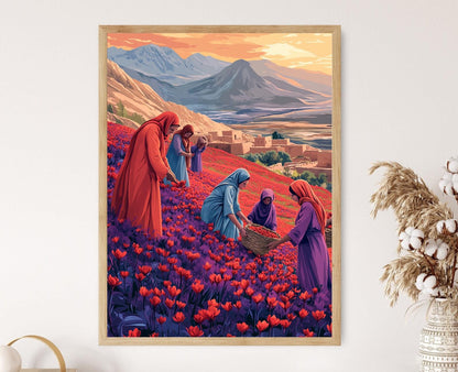 Affiche de la Récolte de Safran – Art Afghan de Village Traditionnel