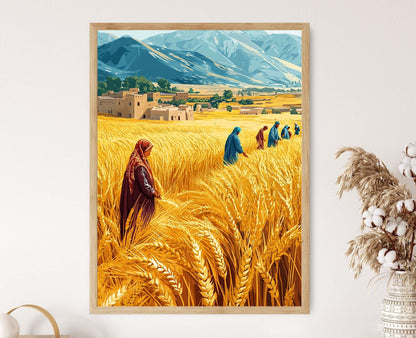 Affiche Récolte de Blé – Art de la Campagne Afghane, Décor Traditionnel