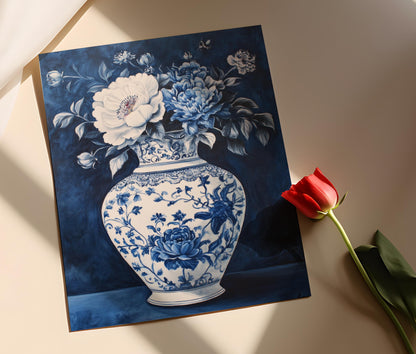 Affiche Vase Chinoiserie Bleu et Blanc – Art Floral Élégant