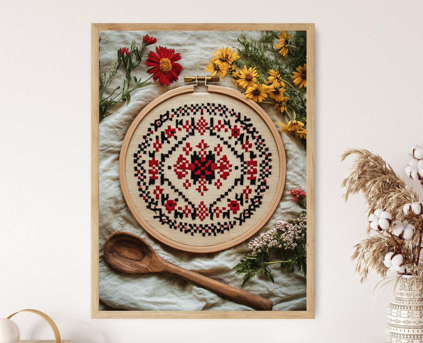 Affiche Broderie Serbe – Poster Art Print en Cerceau Bois Décoratif