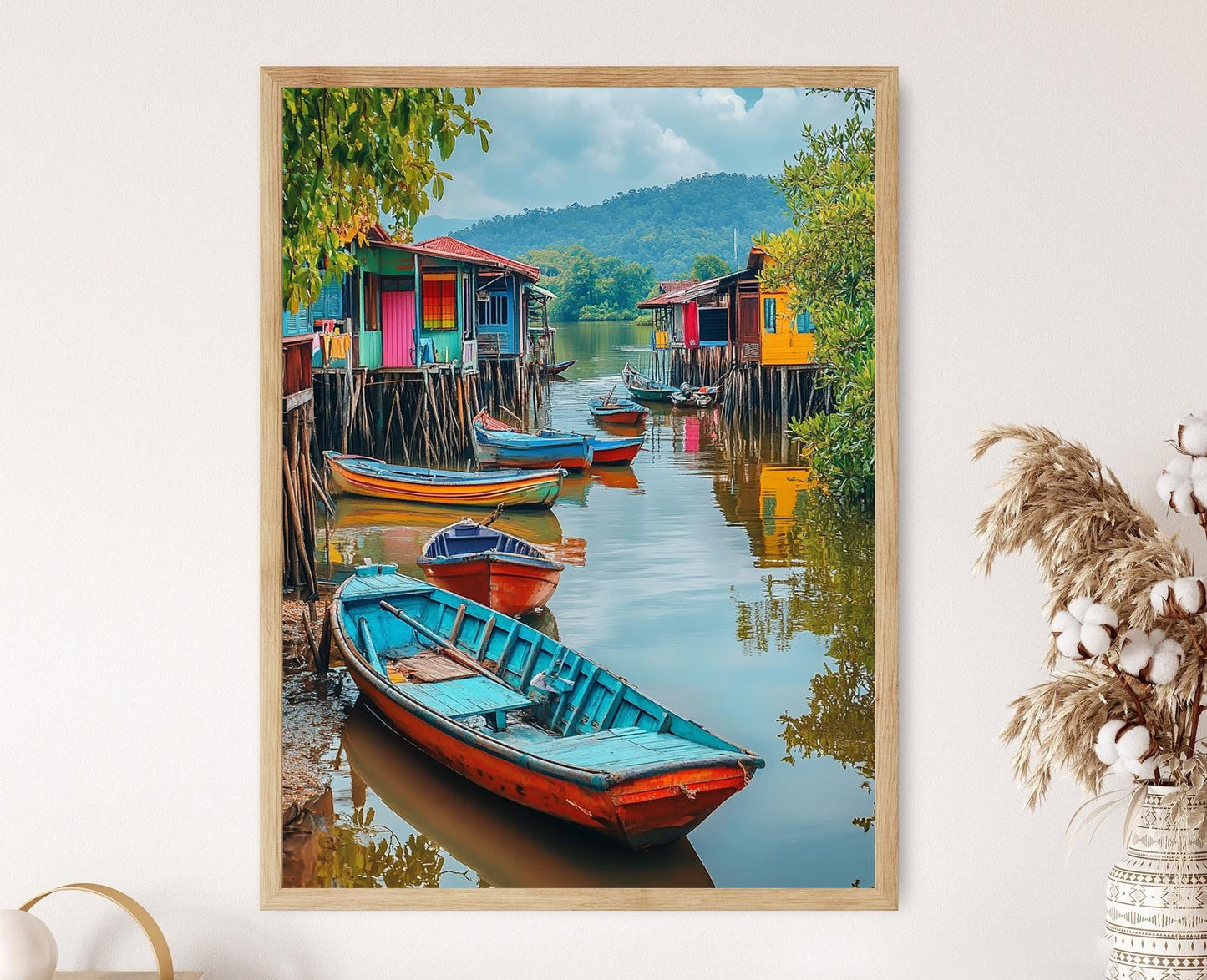 Affiche Muar River – Poster Art de Malaisie avec maisons traditionnelles et bateaux de pêche