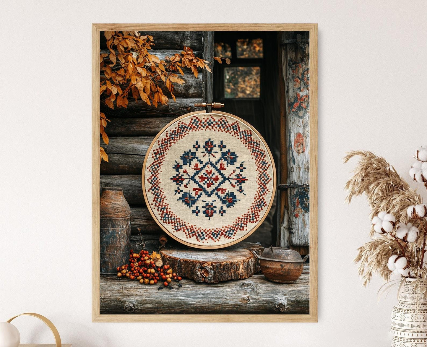 Affiche Broderie Roumaine – Poster Art Décoratif en Cerceau Bois