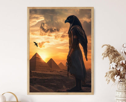 Affiche Horus – Impression d'art du Dieu Faucon et Pyramides au coucher du soleil