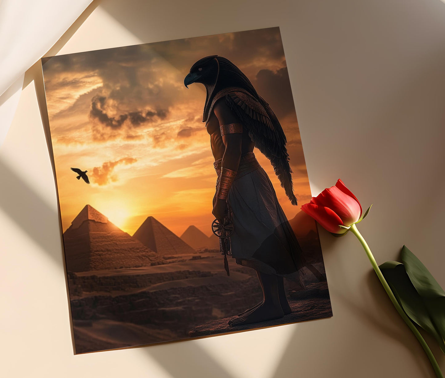 Affiche Horus – Impression d'art du Dieu Faucon et Pyramides au coucher du soleil