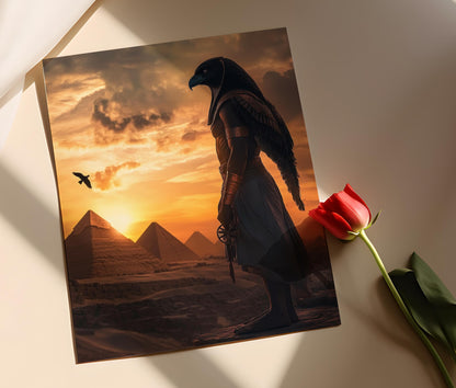 Affiche Horus – Impression d'art du Dieu Faucon et Pyramides au coucher du soleil