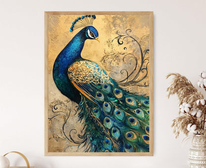Affiche Paon Inspiré de Klimt – Poster Plumes Vibrantes et Dorées