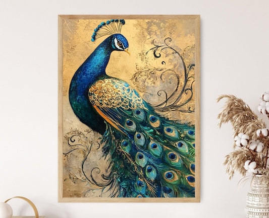 Affiche Paon Inspiré de Klimt – Poster Plumes Vibrantes et Dorées