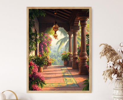 Affiche Art de Patio du Tamil Nadu – Poster Motif Kolam et Décor Luminaires