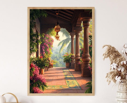 Affiche Art de Patio du Tamil Nadu – Poster Motif Kolam et Décor Luminaires