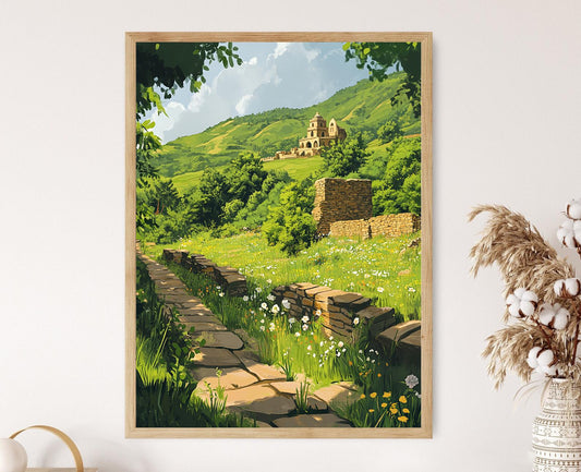 Affiche Paharpur – Poster des ruines anciennes et collines verdoyantes