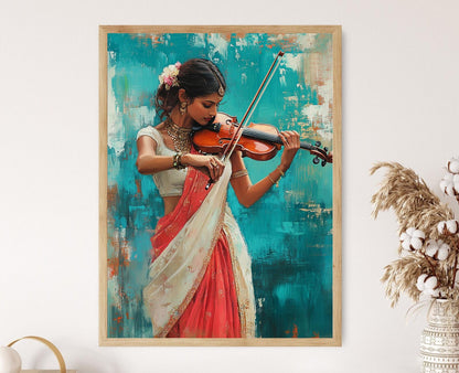 Affiche Femme Indienne en Saree Jouant du Violon – Art Mur Boho Élégant