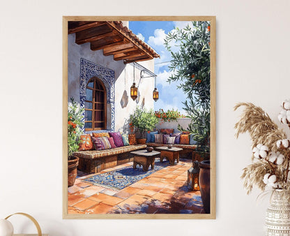 Affiche Patio Marocain – Poster Art Zellige et Coussin Berbère