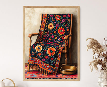Affiche Art de Broderie Afghan – Impression Textile Tribal Traditionnel
