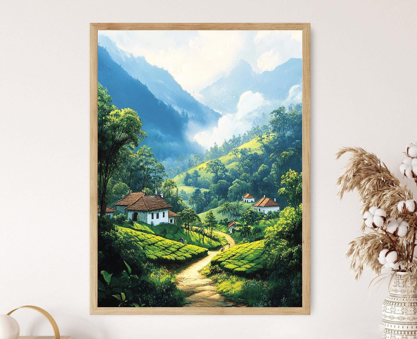 Affiche Nuwara Eliya – Poster Illustré de Thé du Sri Lanka au Matin Brumeux