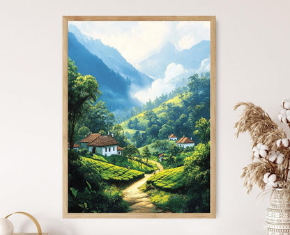 Affiche Nuwara Eliya – Poster Illustré de Thé du Sri Lanka au Matin Brumeux