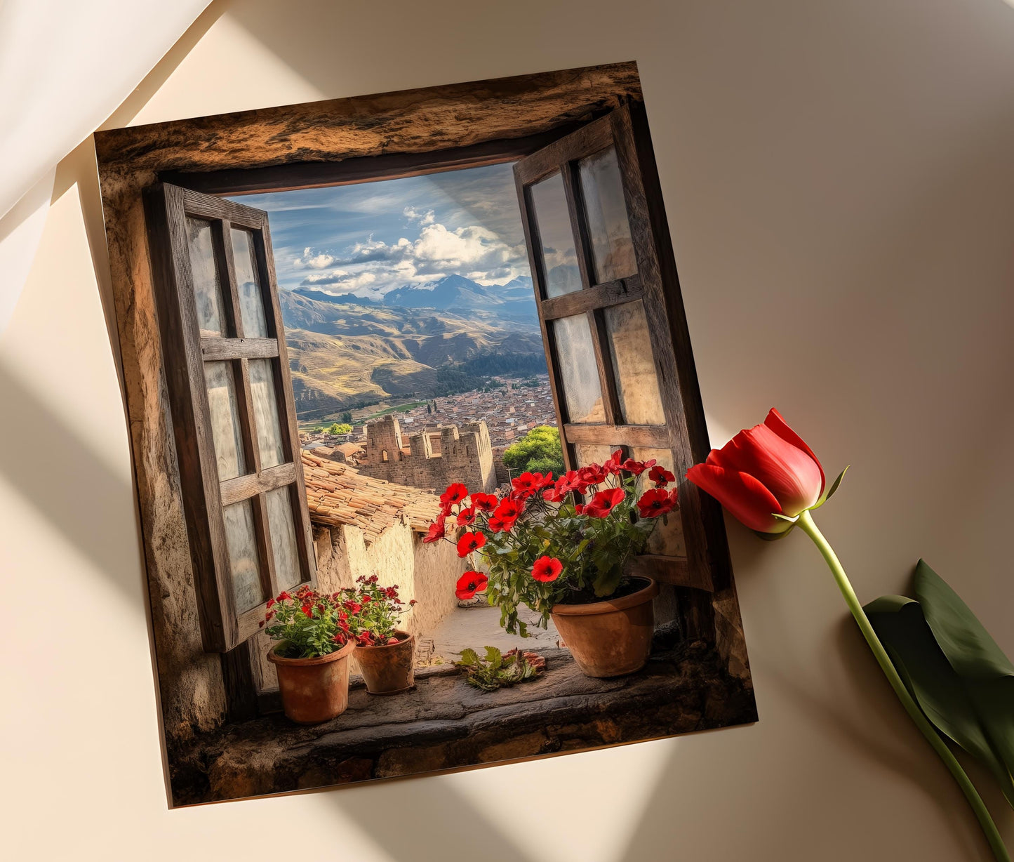 Affiche Cusco Pérou – Poster Vue de Fenêtre sur Ruines Incas et Art en Pierre