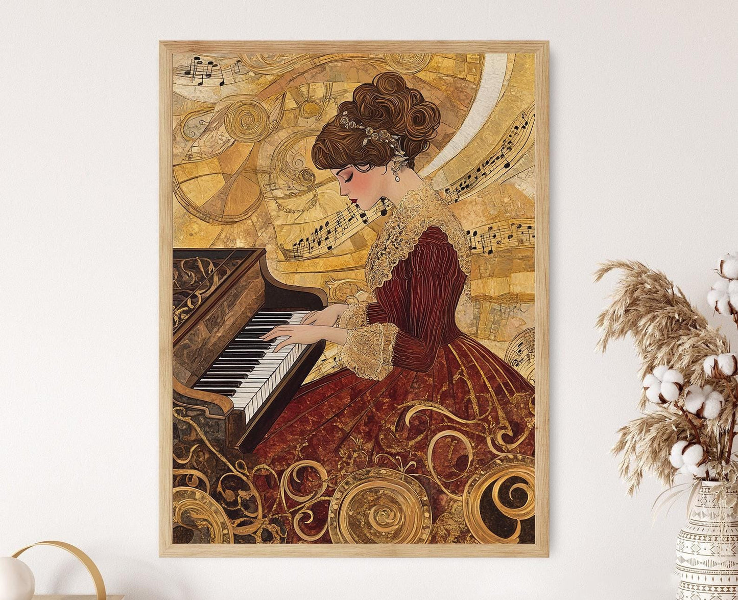 Affiche Musique Inspirée de Klimt – Femme au Piano avec Notes Dorées