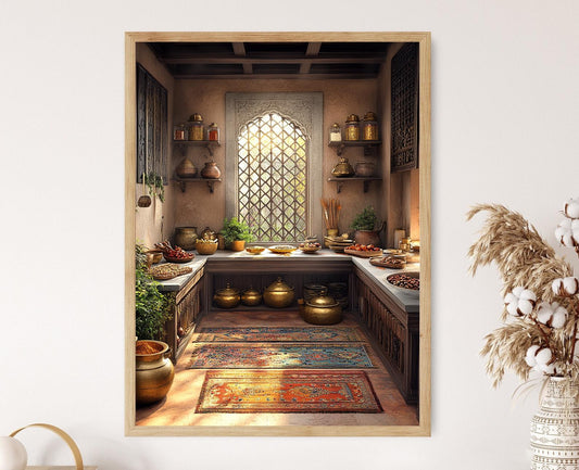 Affiche Cuisine Peshawar – Poster Décor de Pot en Laiton et Tapis Kilim