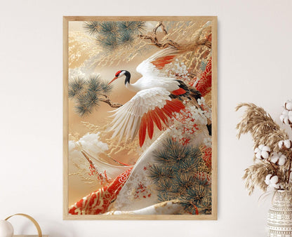 Affiche Art Japonais – Poster Motif Grue et Pin en Tissage Traditionnel