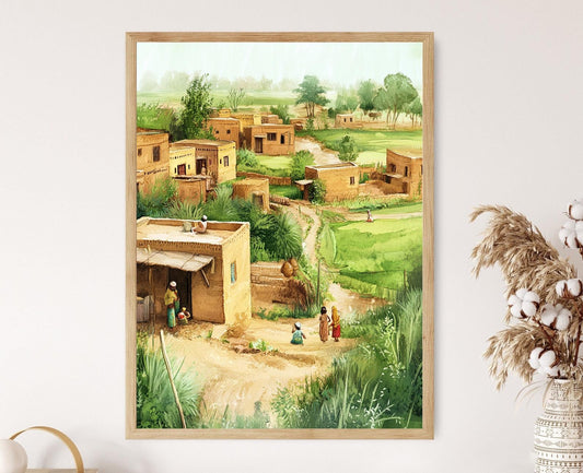 Affiche Art du Village Pakistanais – Illustration de la Vie Rurale