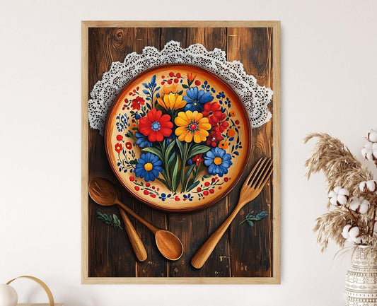 Affiche Bol en Céramique Polonaise – Poster Art Fleurs Traditionnelles