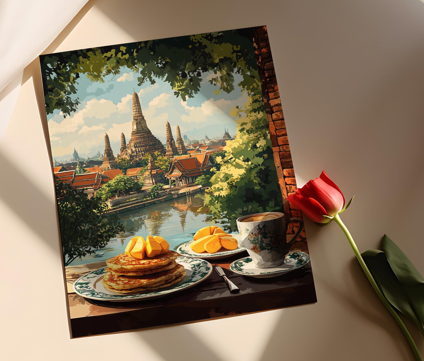 Affiche Ayutthaya – Impression de Petit-Déjeuner avec Vue sur Temple