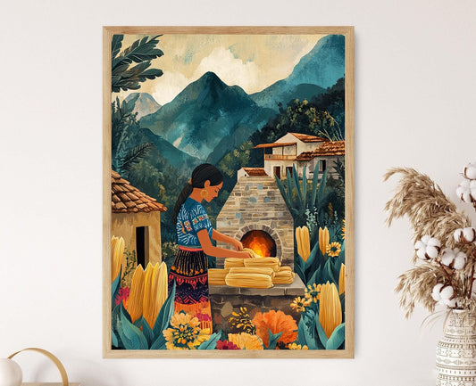 Affiche Femme Guatémaltèque Cuisson de Tamales – Art Traditionnel Villageois