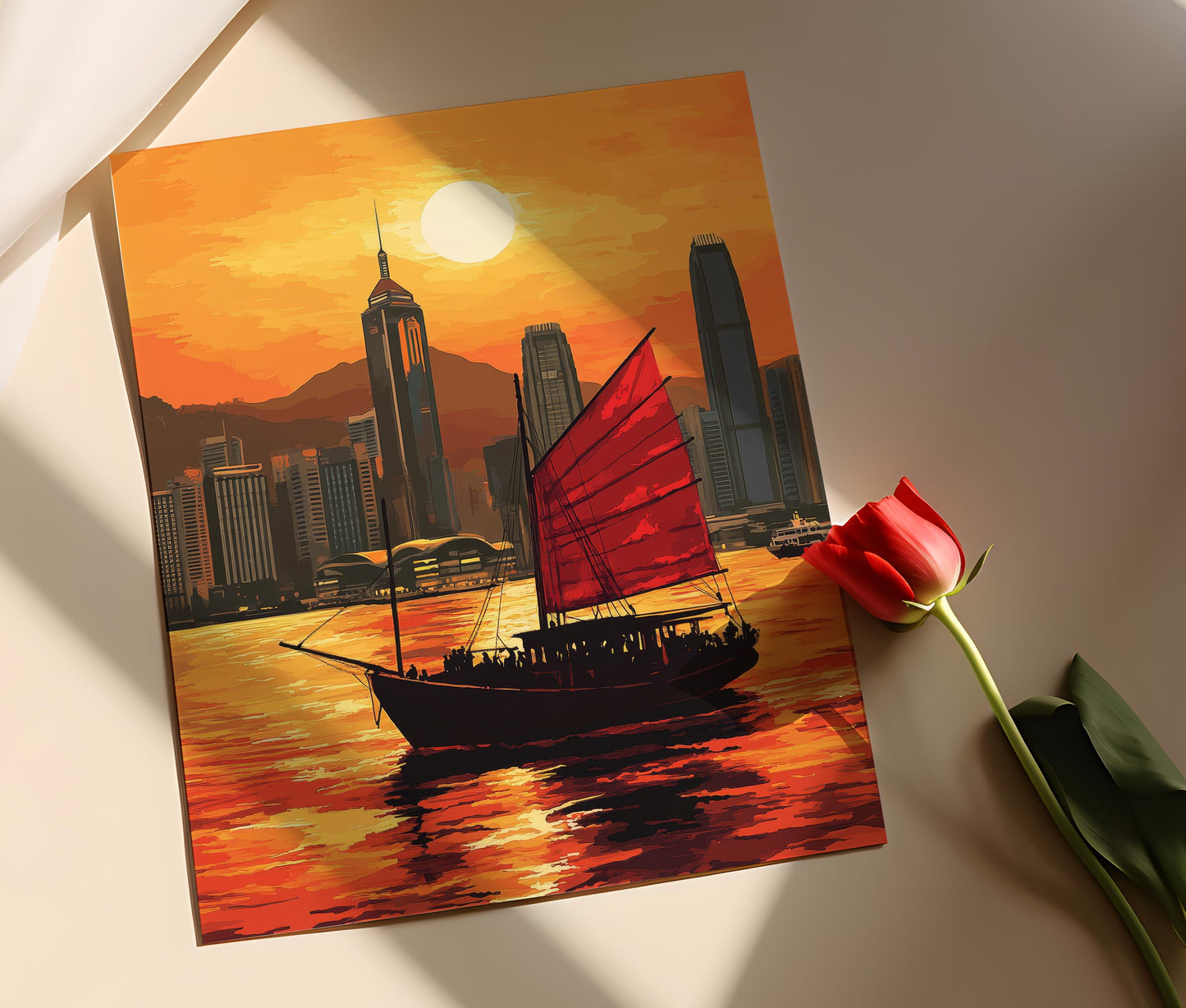 Affiche Junk Boat de Hong Kong – Poster Coucher de soleil sur le port de Victoria
