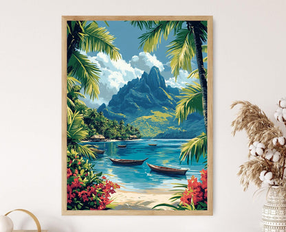 Affiche Mont Otemanu – Illustration Bora Bora, Canoë et Décor Tropical