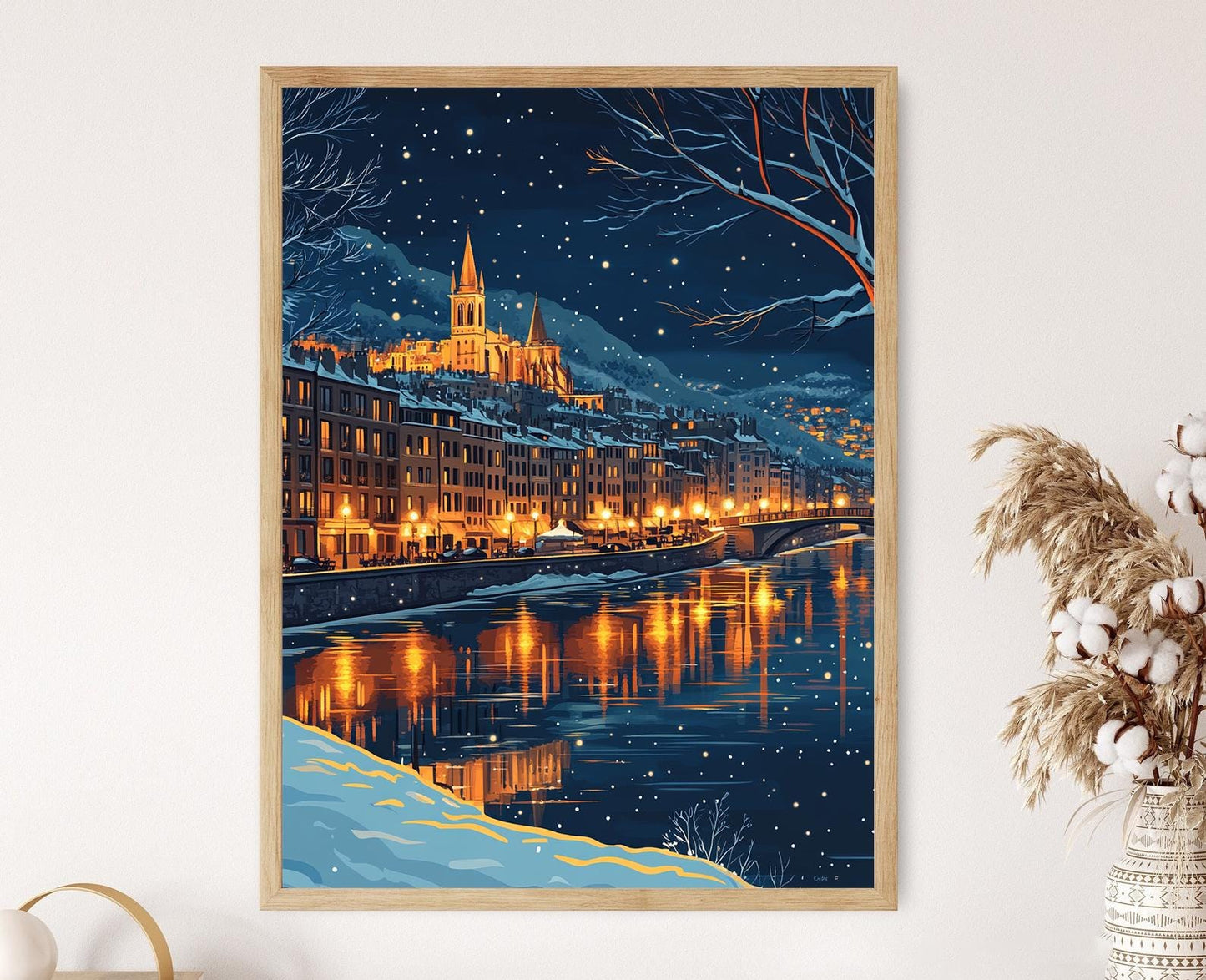 Affiche Lyon Hivernale – Poster Ville Enneigée sur la Saône