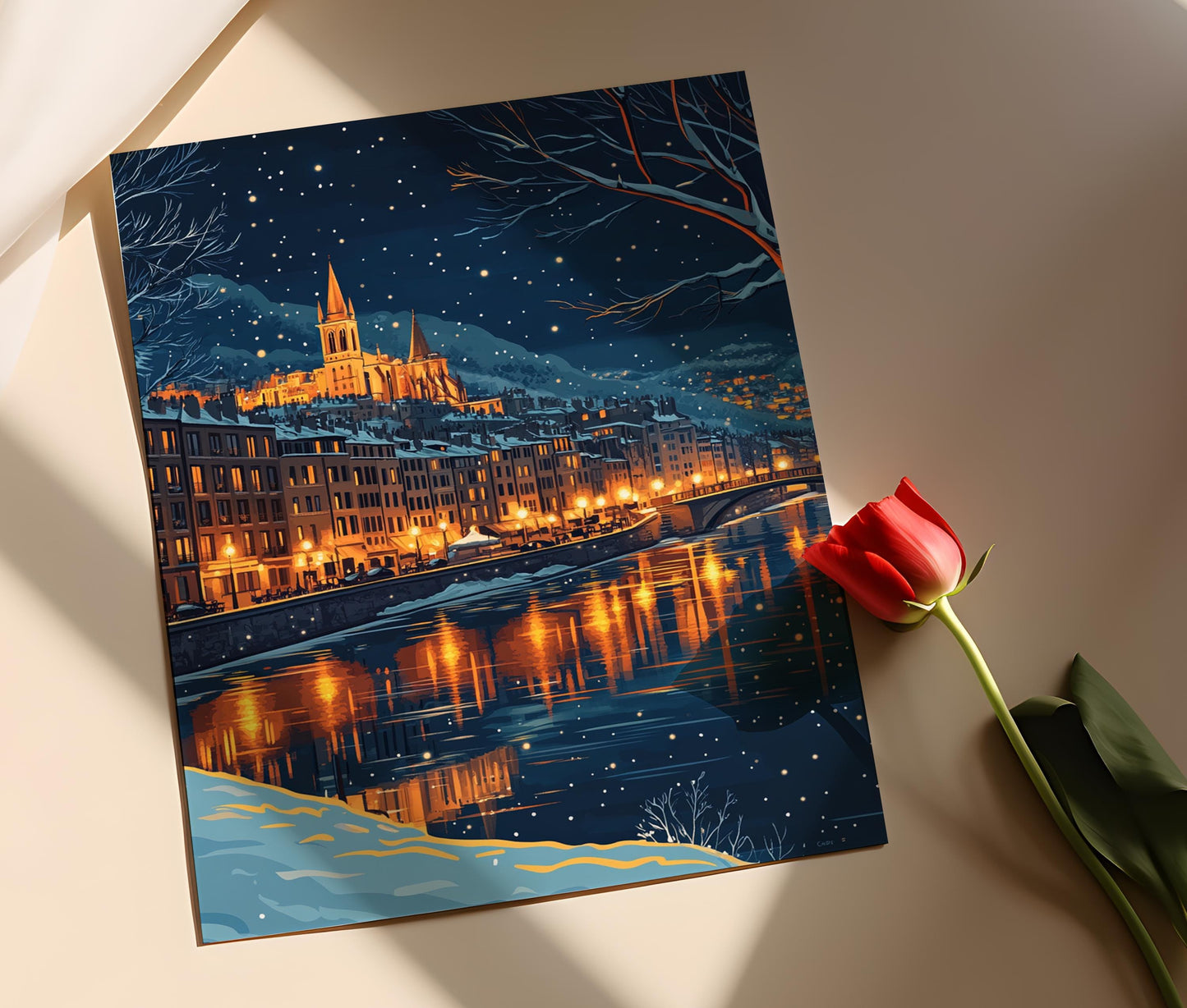 Affiche Lyon Hivernale – Poster Ville Enneigée sur la Saône