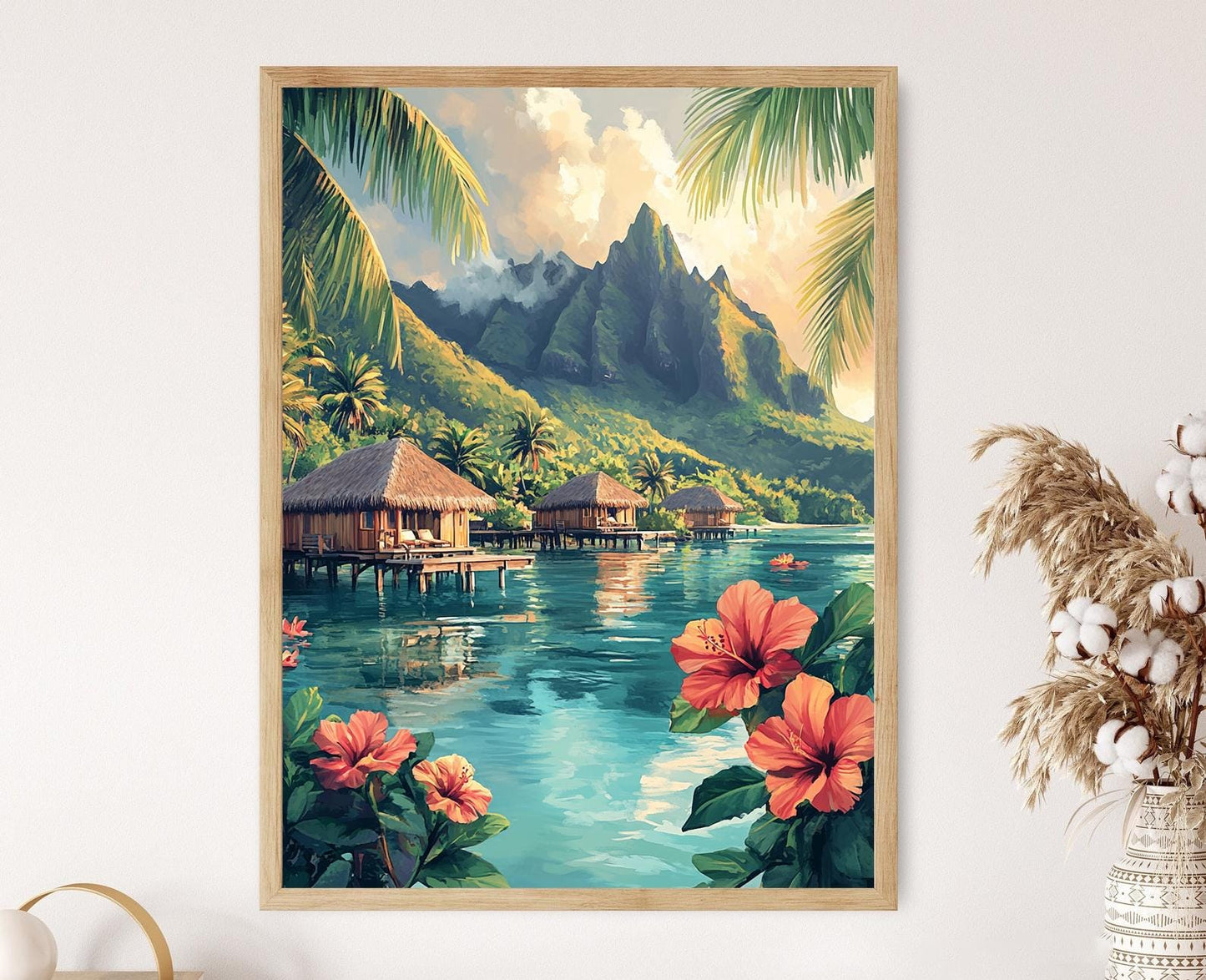Affiche Bungalow Tahitien – Art Tropical avec Fleurs d'Hibiscus