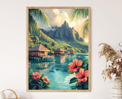 Affiche Bungalow Tahitien – Art Tropical avec Fleurs d'Hibiscus