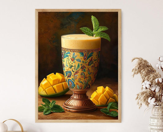 Affiche Lassi à la Mangue – Poster Art avec Tasse en Cuivre et Motifs Paisley