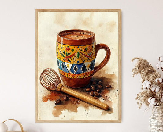 Affiche Champurrado Mexicain – Imprimé avec Tasse en Argile et Motifs Nahua